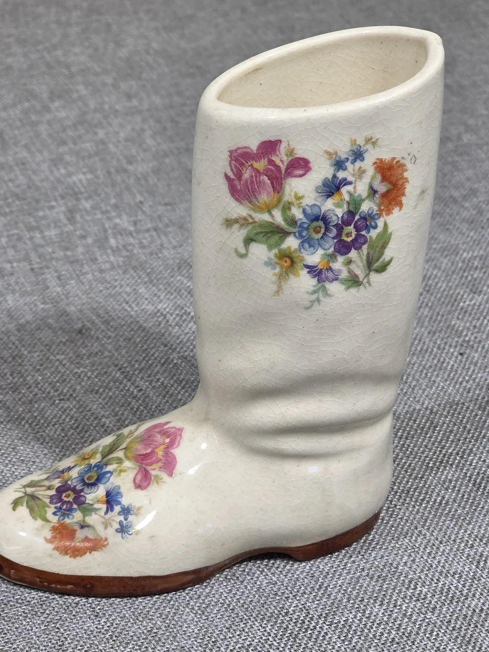 Vintage Ceramic Boot Vase Floral Crackle Glaze Cottagecore Decor